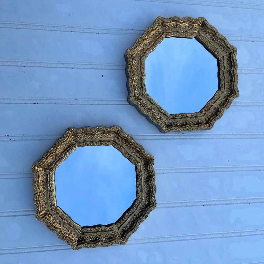 Burwood 4443 Home Interiors Gold Tone Small Octagon Mirrors Pair Vintage Ornate